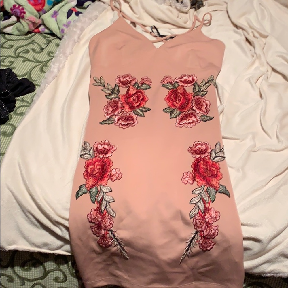 Nude midi dress with floral appliqué